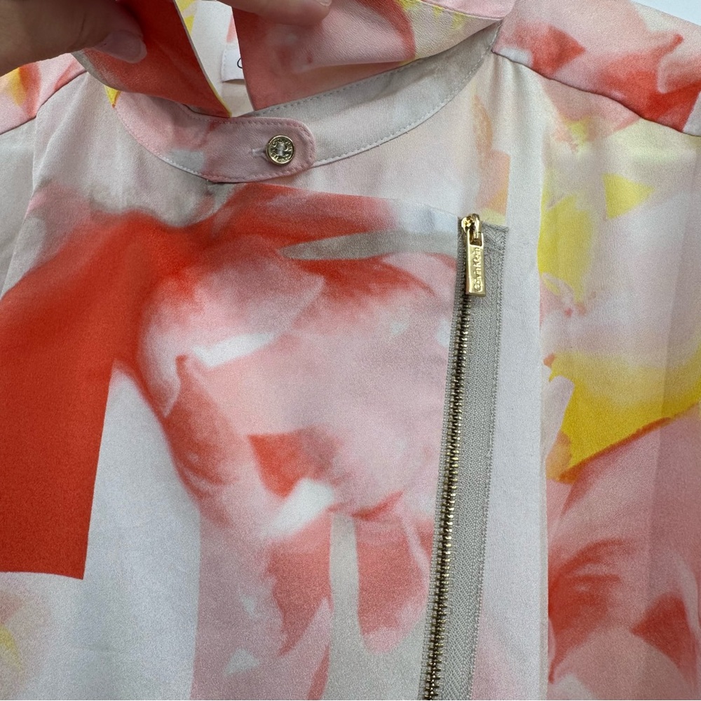 Calvin Klein Top Women 2X Orange Yellow Asymmetrical Zip Long Roll Tab Sleeve - Picture 5 of 13